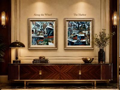 Pascal Jarrion Art Deco Style Cubist Oil Painting Along the Wharf The Harbor by P Jarrion