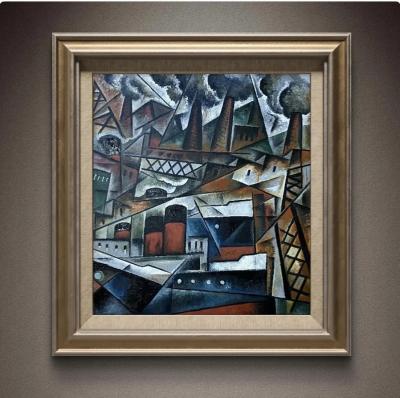 Pascal Jarrion Art Deco Style Cubist Oil Painting Along the Wharf The Harbor by P Jarrion