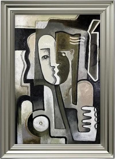 Pascal Jarrion Art Deco Style Cubist Oil Painting L treinte by Pascal Jarrion
