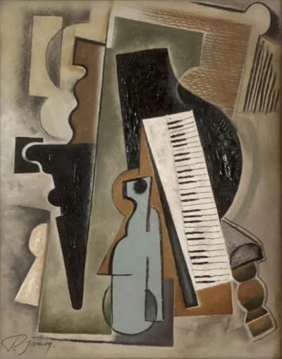 Pascal Jarrion Art Deco Style Cubist Oil Painting Le Piano by Pascal Jarrion