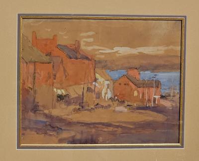 Pastel of a New England Fishing Village by George Haushalter circa 1920