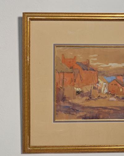 Pastel of a New England Fishing Village by George Haushalter circa 1920