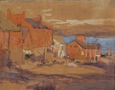 Pastel of a New England Fishing Village by George Haushalter circa 1920