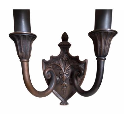 Patinated Bronze Shield Back Light Sconces a Pair