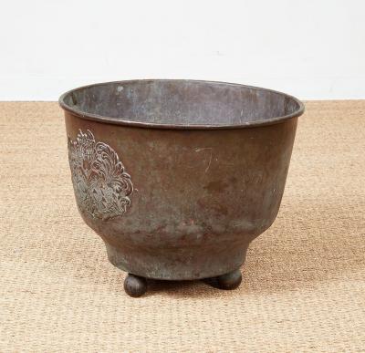 Patinated Kindling Bin with a Baronial Crest