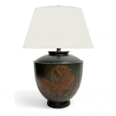 Patinated Metal Table Lamp with Handpainted Women