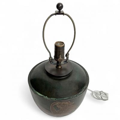 Patinated Metal Table Lamp with Handpainted Women