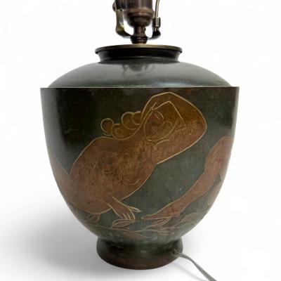 Patinated Metal Table Lamp with Handpainted Women