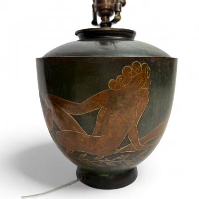 Patinated Metal Table Lamp with Handpainted Women