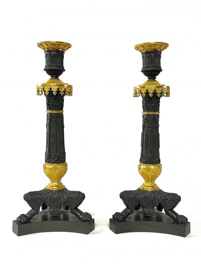 Patinated and Ormolu Bronze Gothic Style Candlesticks France circa 1825
