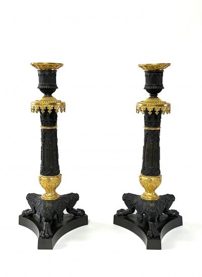 Patinated and Ormolu Bronze Gothic Style Candlesticks France circa 1825