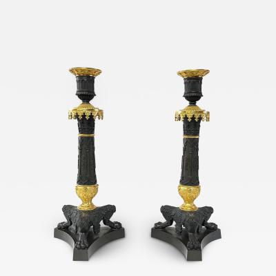 Patinated and Ormolu Bronze Gothic Style Candlesticks France circa 1825
