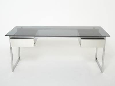 Patrice Maffei Desk table Patrice Maffei for Kappa brushed steel smoked glass 1970