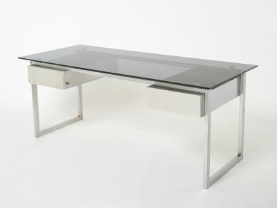Patrice Maffei Desk table Patrice Maffei for Kappa brushed steel smoked glass 1970