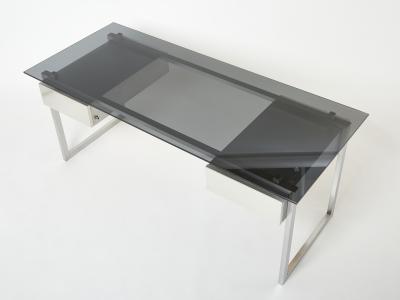 Patrice Maffei Desk table Patrice Maffei for Kappa brushed steel smoked glass 1970