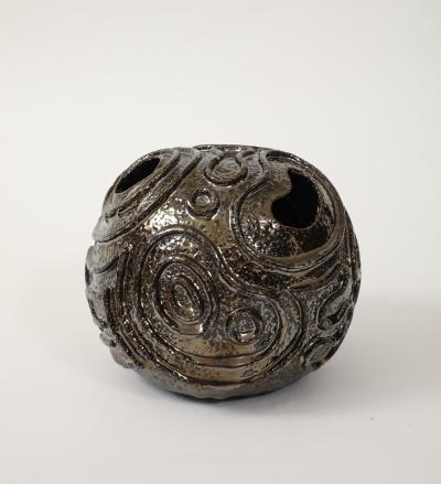 Patterned Ceramic Moonvase with Reflective Black Chrome Glaze Made By Aram C 