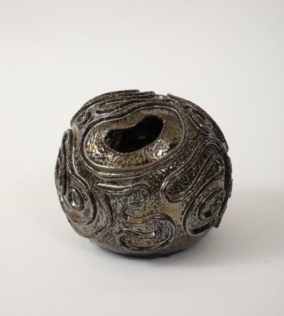 Patterned Ceramic Moonvase with Reflective Black Chrome Glaze Made By Aram C 