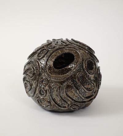 Patterned Ceramic Moonvase with Reflective Black Chrome Glaze Made By Aram C 