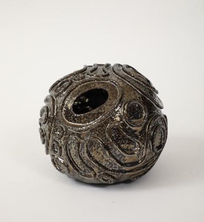 Patterned Ceramic Moonvase with Reflective Black Chrome Glaze Made By Aram C 