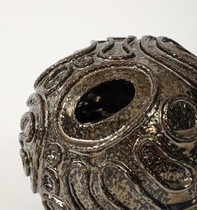 Patterned Ceramic Moonvase with Reflective Black Chrome Glaze Made By Aram C 