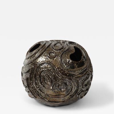 Patterned Ceramic Moonvase with Reflective Black Chrome Glaze Made By Aram C 