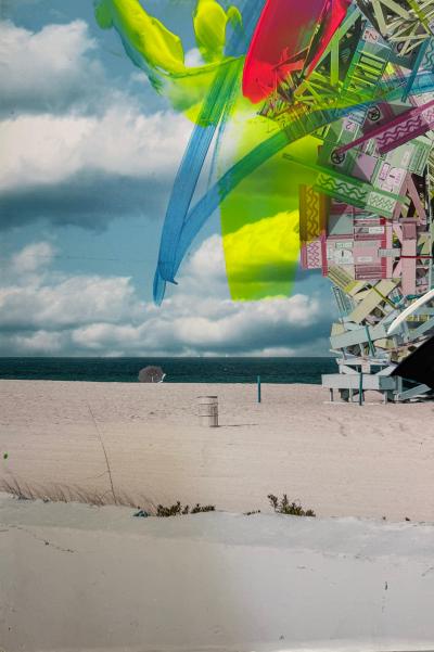 Paul Andre Larocque Paul Andre Larocque Mixed Media Abstract Painting Of a Ship on the Beach