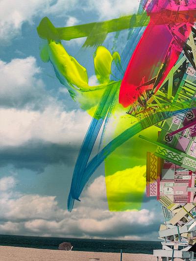 Paul Andre Larocque Paul Andre Larocque Mixed Media Abstract Painting Of a Ship on the Beach