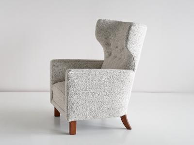 Paul Boman Paul Boman Wingback Chair in Pearl Boucl Fabric and Beech Finland 1940s
