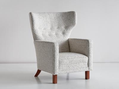 Paul Boman Paul Boman Wingback Chair in Pearl Boucl Fabric and Beech Finland 1940s