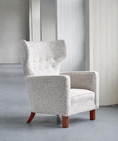 Paul Boman Paul Boman Wingback Chair in Pearl Boucl Fabric and Beech Finland 1940s