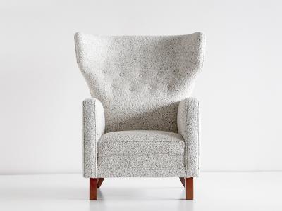Paul Boman Paul Boman Wingback Chair in Pearl Boucl Fabric and Beech Finland 1940s