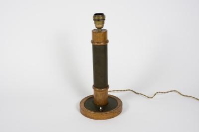 Paul Dupr Lafon 1950s Leather and oak table lamp in the style of Paul Dupre Lafon