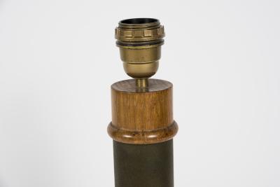 Paul Dupr Lafon 1950s Leather and oak table lamp in the style of Paul Dupre Lafon