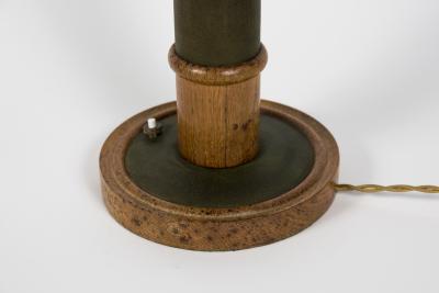 Paul Dupr Lafon 1950s Leather and oak table lamp in the style of Paul Dupre Lafon