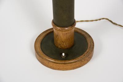 Paul Dupr Lafon 1950s Leather and oak table lamp in the style of Paul Dupre Lafon