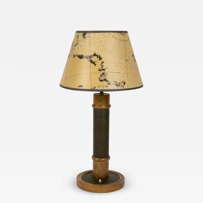 Paul Dupr Lafon 1950s Leather and oak table lamp in the style of Paul Dupre Lafon