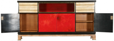 Paul Dupr Lafon IMPORTANT TAN AND RED GOATSKIN WITH LACQUERED EBONIZED WOOD CABINET ENFILADE