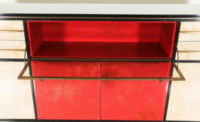 Paul Dupr Lafon IMPORTANT TAN AND RED GOATSKIN WITH LACQUERED EBONIZED WOOD CABINET ENFILADE
