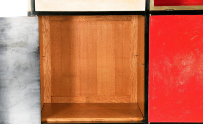 Paul Dupr Lafon IMPORTANT TAN AND RED GOATSKIN WITH LACQUERED EBONIZED WOOD CABINET ENFILADE