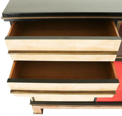 Paul Dupr Lafon IMPORTANT TAN AND RED GOATSKIN WITH LACQUERED EBONIZED WOOD CABINET ENFILADE