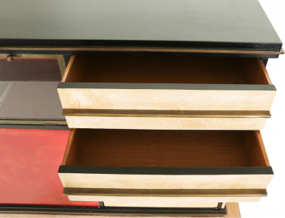 Paul Dupr Lafon IMPORTANT TAN AND RED GOATSKIN WITH LACQUERED EBONIZED WOOD CABINET ENFILADE