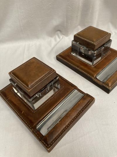 Paul Dupr Lafon Pair of inkwells in stitched leather by Paul Dupre Lafon for Herm s