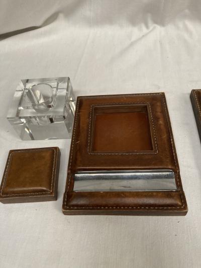 Paul Dupr Lafon Pair of inkwells in stitched leather by Paul Dupre Lafon for Herm s