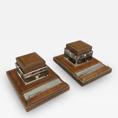 Paul Dupr Lafon Pair of inkwells in stitched leather by Paul Dupre Lafon for Herm s