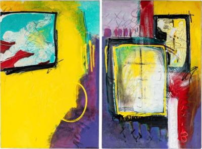 Paul Ecke Expressionist Diptych Oil Painting by Paul Ecke The House Party