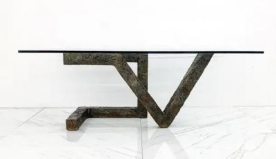 Paul Evans Brutalist Cast Metal Geometric Dining Table in the Manner of Paul Evans