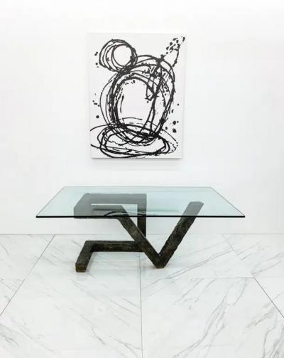 Paul Evans Brutalist Cast Metal Geometric Dining Table in the Manner of Paul Evans