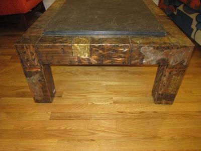 Paul Evans Fabulous Paul Evans Brutalist Metal Patchwork Coffee Table Signed Slate Top