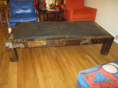Paul Evans Fabulous Paul Evans Brutalist Metal Patchwork Coffee Table Signed Slate Top
