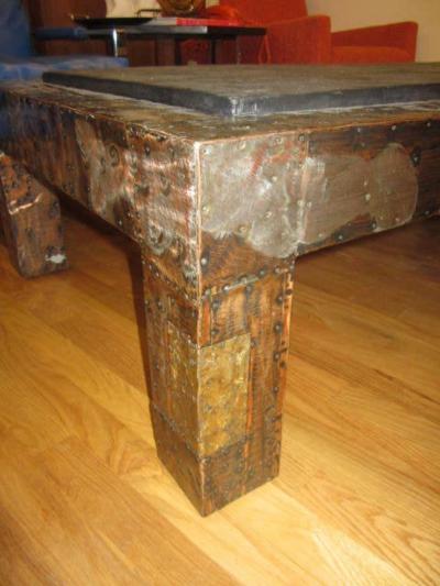 Paul Evans Fabulous Paul Evans Brutalist Metal Patchwork Coffee Table Signed Slate Top